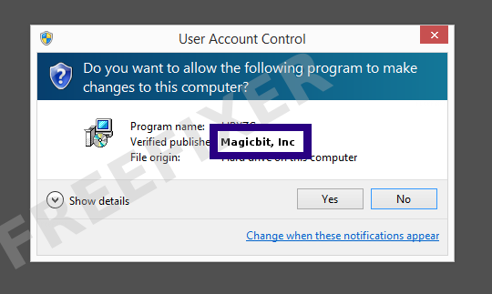 Screenshot where Magicbit, Inc appears as the verified publisher in the UAC dialog